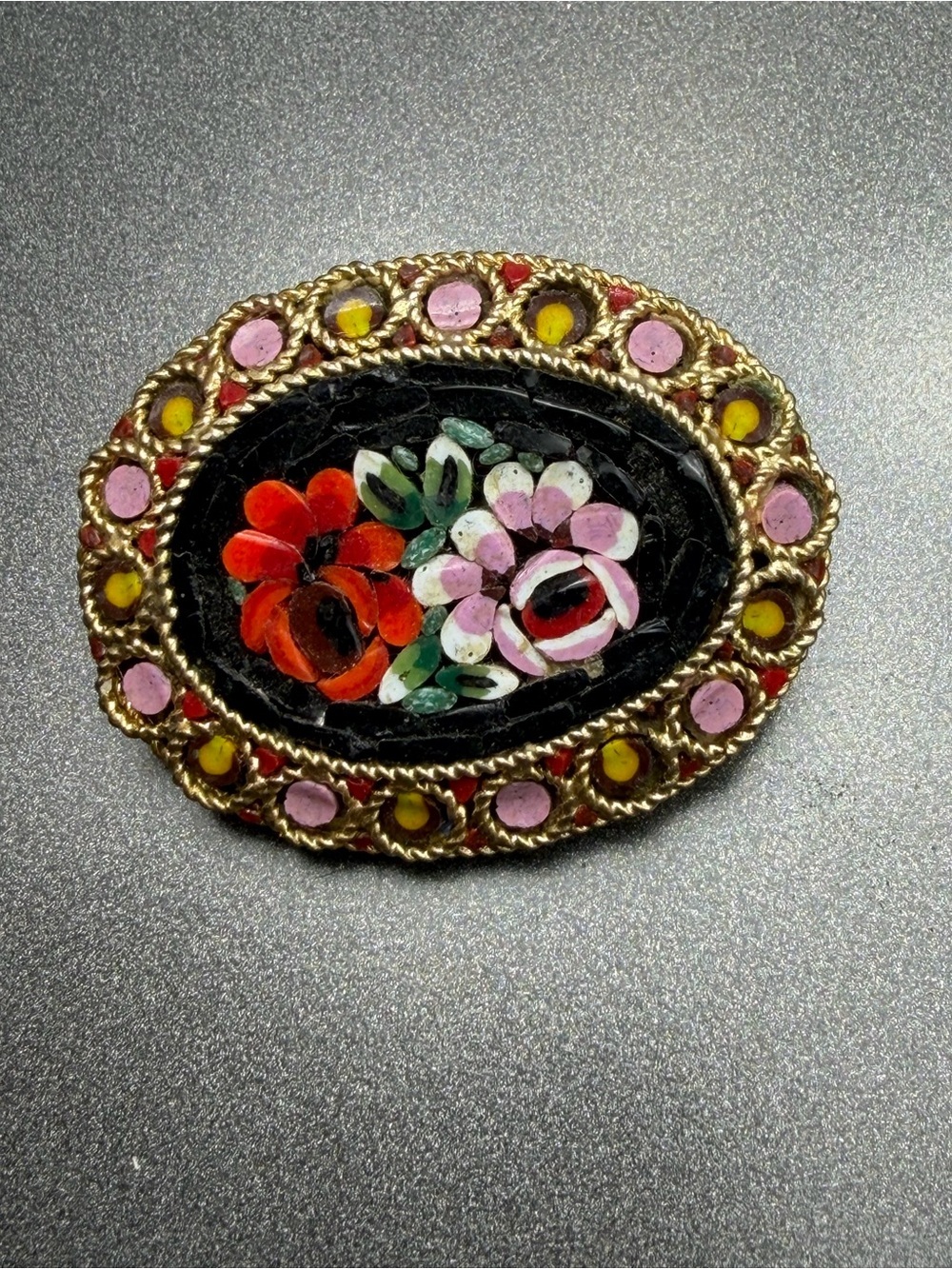 Vintage Floral Mosaic Brooch in Black with Red & Pink Flowers #mo168